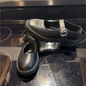 Black Mary Jane Lug Sole Flats with Buckle Strap